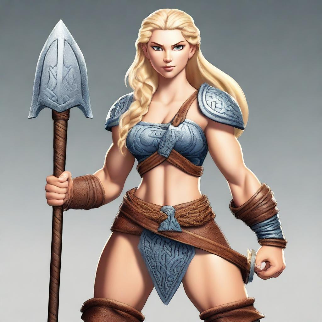 A muscular, braided blonde female barbarian inspired by Disney’s 'Brave' stands ready for battle, wielding a great axe