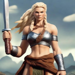 A muscular, braided blonde female barbarian inspired by Disney’s 'Brave' stands ready for battle, wielding a great axe