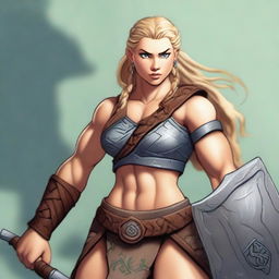 A muscular, braided blonde female barbarian inspired by Disney’s 'Brave' stands ready for battle, wielding a great axe