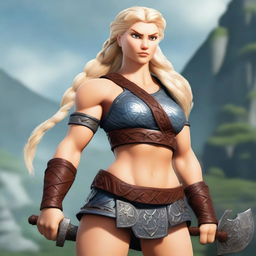 A muscular, braided blonde female barbarian inspired by Disney’s 'Brave' stands ready for battle, wielding a great axe