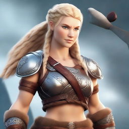 A muscular, braided blonde female Viking barbarian inspired by Disney’s 'Brave' stands ready for battle, wielding a great axe