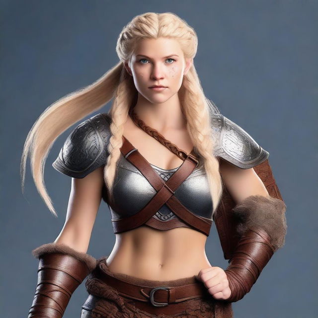 A muscular, braided blonde female Viking barbarian inspired by Disney’s 'Brave' stands ready for battle, wielding a great axe