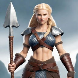 A muscular, braided blonde female Viking barbarian inspired by Disney’s 'Brave' stands ready for battle, wielding a great axe