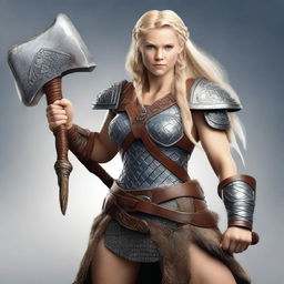 A muscular, braided blonde female Viking barbarian inspired by Disney’s 'Brave' stands ready for battle, wielding a great axe