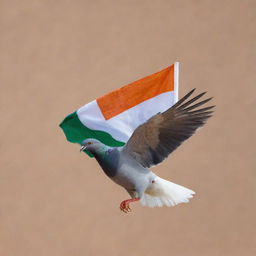 A pigeon in mid-flight, gracefully holding the tricolor Indian flag in its beak