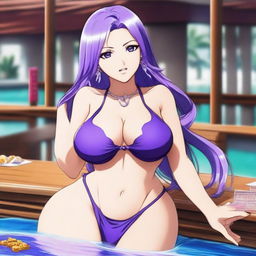 A breathtakingly beautiful waifu with a voluptuous figure, addicted to gambling and alcoholic beverages, and deeply in love