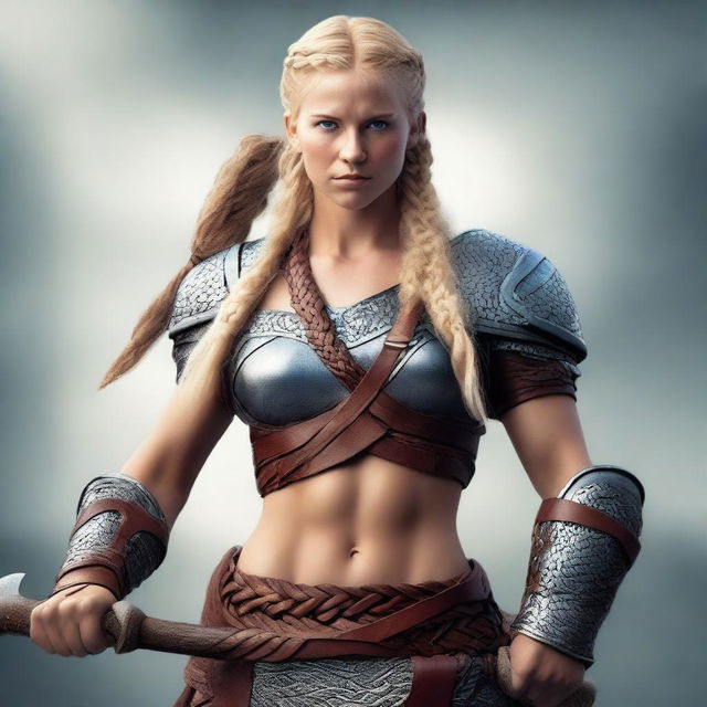 A muscular, braided blonde female Viking barbarian inspired by Disney’s 'Brave' stands ready for battle, wielding an axe