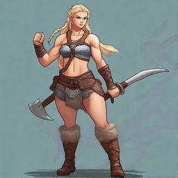 A muscular, braided blonde female Viking barbarian inspired by Disney’s 'Brave' stands ready for battle, wielding an axe