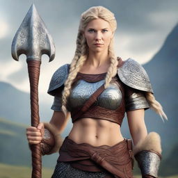 A muscular, braided blonde female Viking barbarian inspired by Disney’s 'Brave' stands ready for battle, wielding an axe