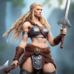 A muscular, braided blonde female Viking barbarian inspired by Disney’s 'Brave' stands ready for battle, wielding an axe