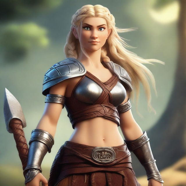 A muscular, braided blonde female Viking barbarian inspired by the 'Tangled' universe stands ready for battle, wielding a large axe