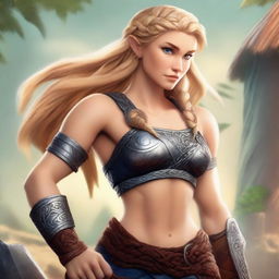 A muscular, braided blonde female Viking barbarian inspired by the 'Tangled' universe stands ready for battle, wielding a large axe