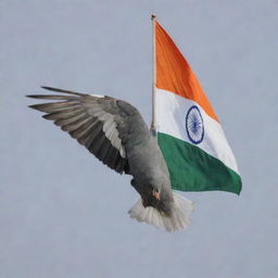 A pigeon in mid-flight, gracefully holding the tricolor Indian flag in its beak