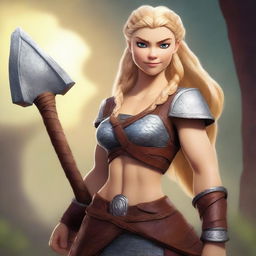 A muscular, braided blonde female Viking barbarian inspired by the 'Tangled' universe stands ready for battle, wielding a large axe