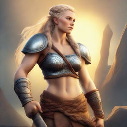 A muscular, braided blonde female Viking barbarian inspired by the 'Tangled' universe stands ready for battle, wielding a large axe