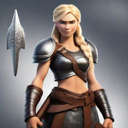 A muscular, braided blonde female Viking barbarian inspired by the 'How to Train Your Dragon' universe stands ready for battle, wielding a formidable axe