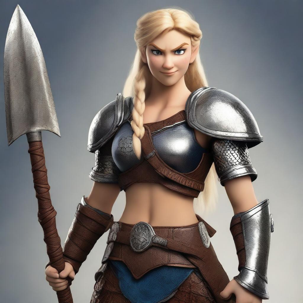 A muscular, braided blonde female Viking barbarian inspired by the 'How to Train Your Dragon' universe stands ready for battle, wielding a formidable axe