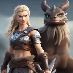 A muscular, braided blonde female Viking barbarian inspired by the 'How to Train Your Dragon' universe stands ready for battle, wielding a formidable axe