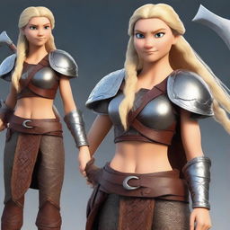 A muscular, braided blonde female Viking barbarian inspired by the 'How to Train Your Dragon' universe stands ready for battle, wielding a formidable axe