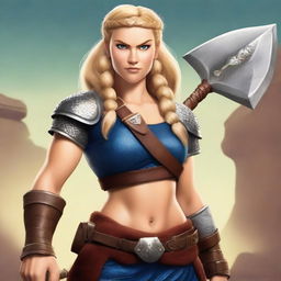 A muscular, braided blonde female Viking barbarian in the style of modern Disney stands ready for battle, wielding a formidable axe