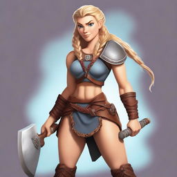 A muscular, braided blonde female Viking barbarian in the style of modern Disney stands ready for battle, wielding a formidable axe