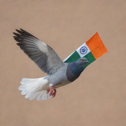 A pigeon in mid-flight, gracefully holding the tricolor Indian flag in its beak