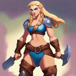 A muscular, braided blonde female Viking barbarian in the style of modern Disney stands ready for battle, wielding a formidable axe