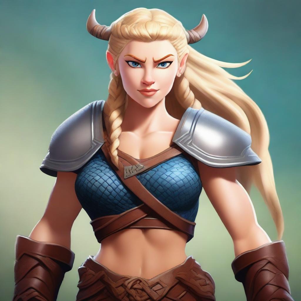 A muscular, braided blonde female Viking barbarian in the style of modern Disney stands ready for battle, wielding a formidable axe