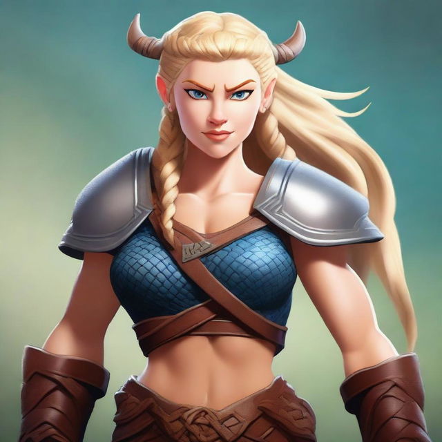 A muscular, braided blonde female Viking barbarian in the style of modern Disney stands ready for battle, wielding a formidable axe