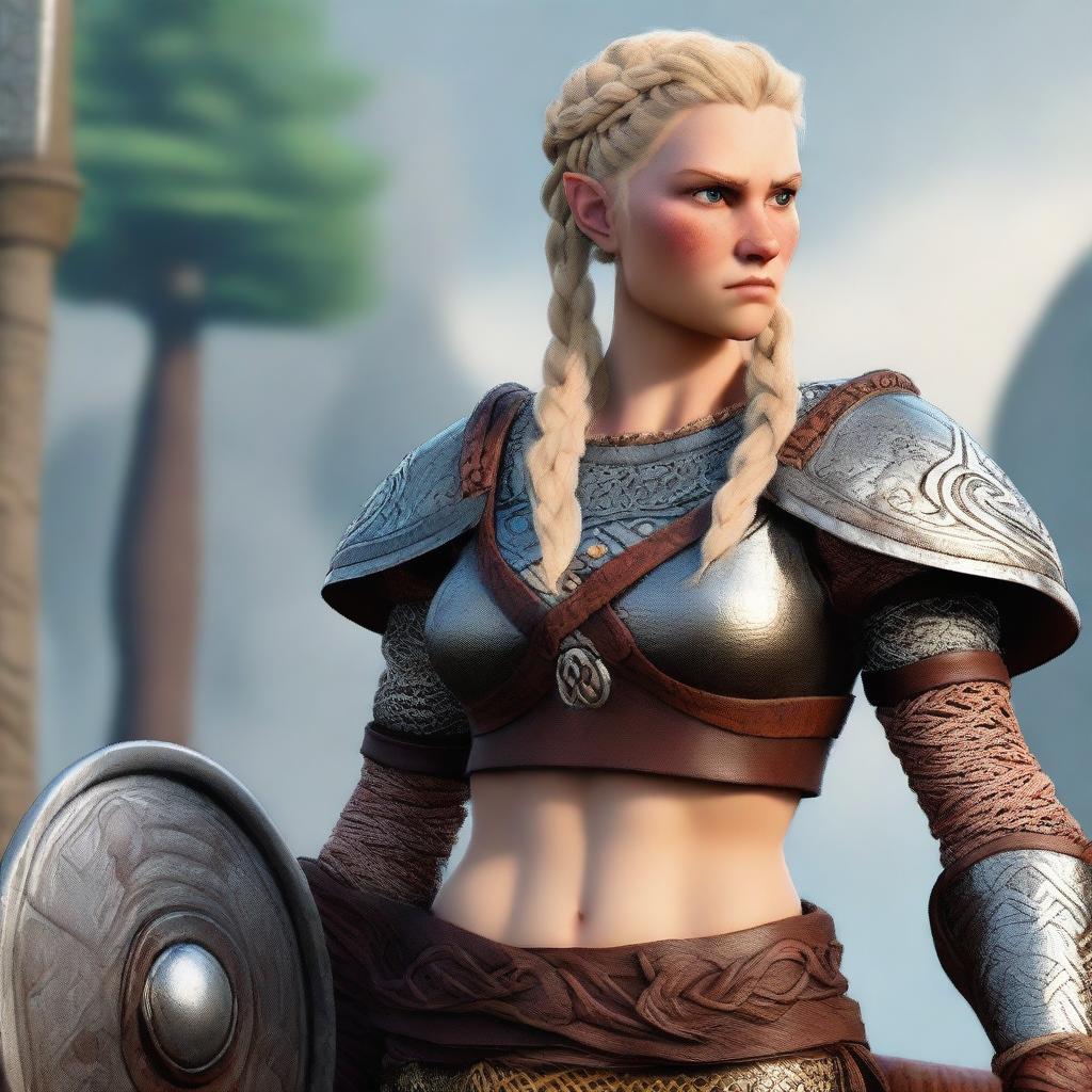 A muscular, braided blonde female Viking barbarian in the style of Pixar stands ready for battle, wielding an axe