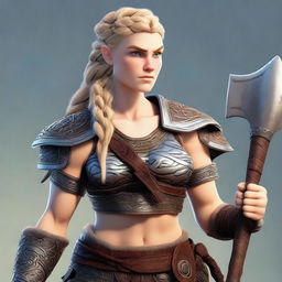 A muscular, braided blonde female Viking barbarian in the style of Pixar stands ready for battle, wielding an axe