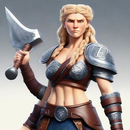 A muscular, braided blonde female Viking barbarian in the style of Pixar stands ready for battle, wielding an axe