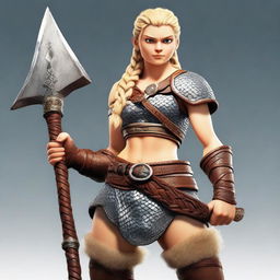 A muscular, braided blonde female Viking barbarian in the style of Pixar stands ready for battle, wielding an axe