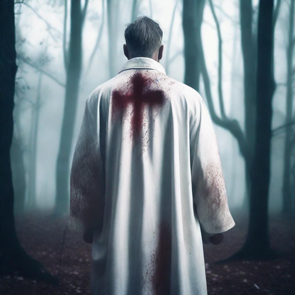 A Christian priest dressed in a white acolyte robe is turned around, revealing a dark blood stain on the back of his dress