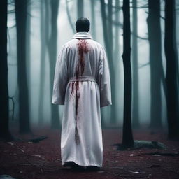 A Christian priest dressed in a white acolyte robe is turned around, revealing a dark blood stain on the back of his dress