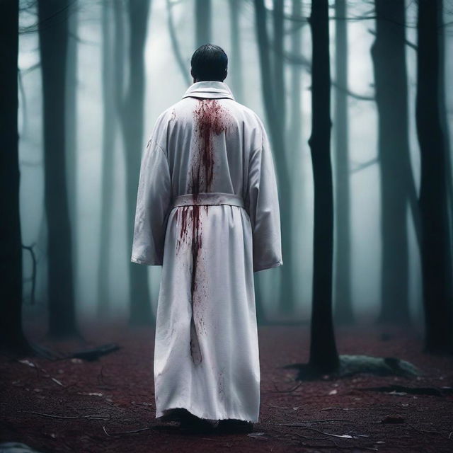 A Christian priest dressed in a white acolyte robe is turned around, revealing a dark blood stain on the back of his dress