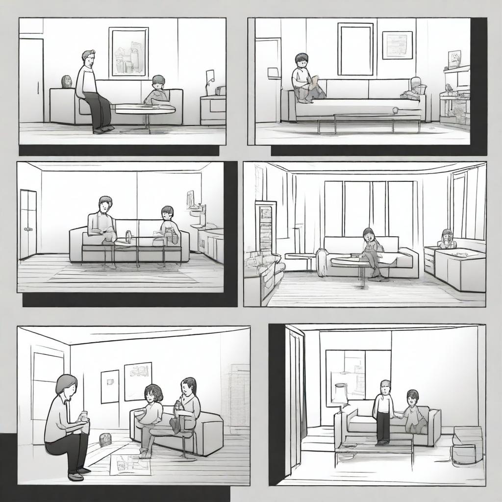 Generate a six-panel storyboard in a minimalist black and white style: Panel 1: A family gathering in the living room, preparing to start the game 'Phantom Mirror Puzzle'