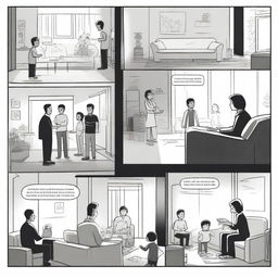 Generate a six-panel storyboard in a minimalist black and white style: Panel 1: A family gathering in the living room, preparing to start the game 'Phantom Mirror Puzzle'