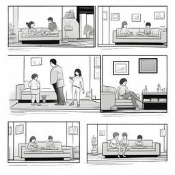 Generate a six-panel storyboard in a minimalist black and white style: Panel 1: A family gathering in the living room, preparing to start the game 'Phantom Mirror Puzzle'