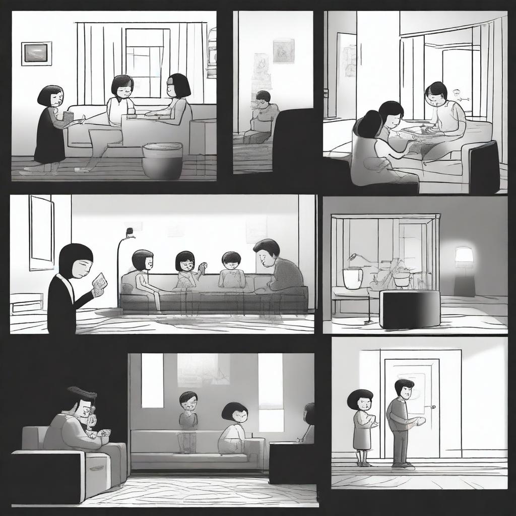 Generate a six-panel storyboard in a minimalist black and white style: Panel 1: A family gathering in the living room, preparing to start the game 'Phantom Mirror Puzzle'