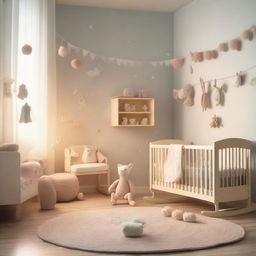 A cozy baby room with soft pastel colors, a crib, a rocking chair, and toys scattered around