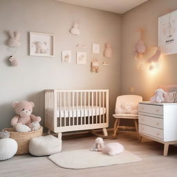 A cozy baby room with soft pastel colors, a crib, a rocking chair, and toys scattered around