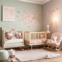 A cozy baby room with soft pastel colors, a crib, a rocking chair, and toys scattered around