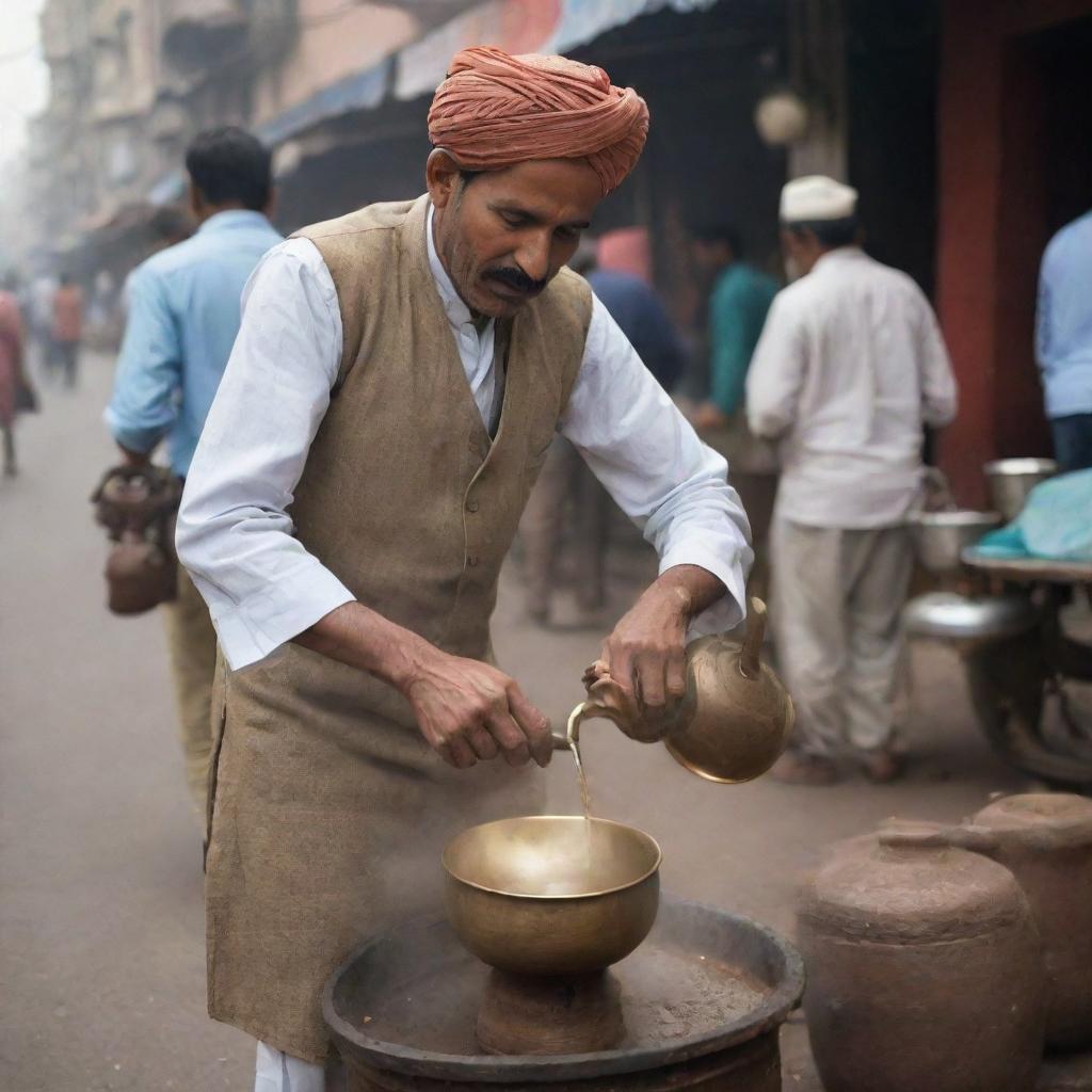 A chaiwala, or tea vendor, in a bustling Indian street, dressed in traditional attire, pouring steaming hot tea from an old, brass kettle into a clay cup.