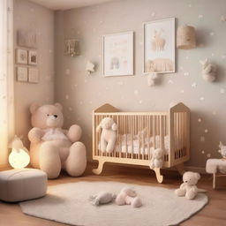 A cozy baby room with soft pastel colors, a crib, a rocking chair, and toys scattered around