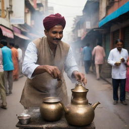 A chaiwala, or tea vendor, in a bustling Indian street, dressed in traditional attire, pouring steaming hot tea from an old, brass kettle into a clay cup.