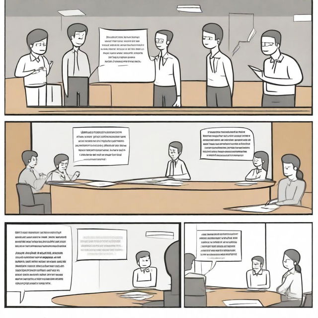 Generate a six-panel storyboard: Panel 1: Team building activity begins, participants enhance team collaboration and communication through games