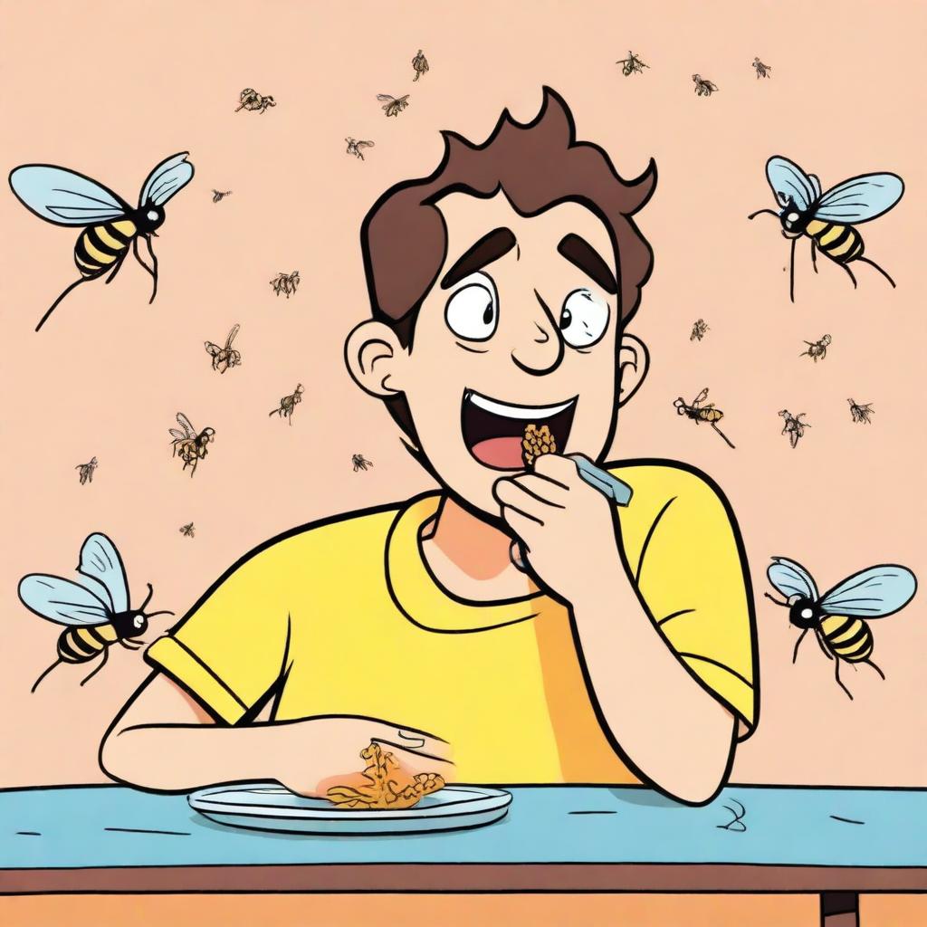 A character named Leon eating wasps