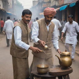 A chaiwala, or tea vendor, in a bustling Indian street, dressed in traditional attire, pouring steaming hot tea from an old, brass kettle into a clay cup.