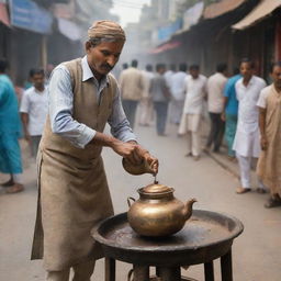 A chaiwala, or tea vendor, in a bustling Indian street, dressed in traditional attire, pouring steaming hot tea from an old, brass kettle into a clay cup.